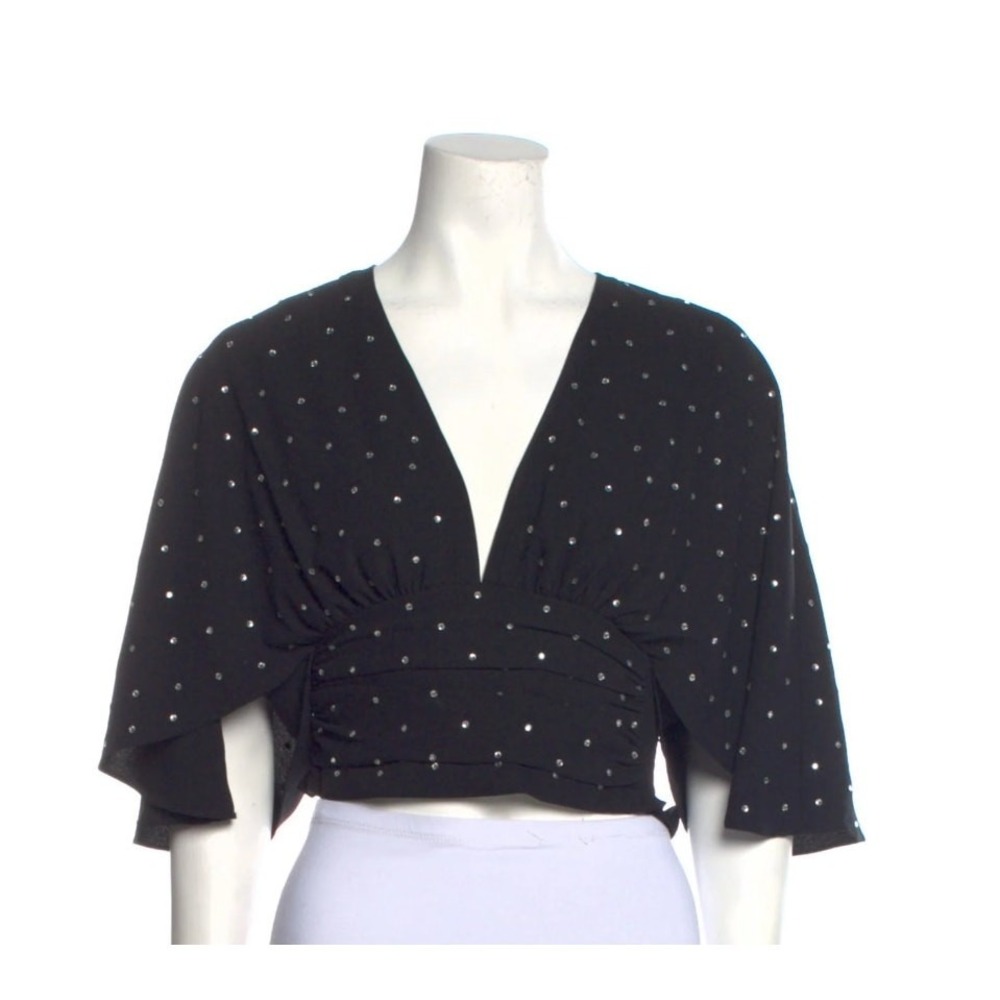NWT Ramy Brook Black Crop Top XXS Rhinestone Polka Dot Butterfly Sleeves Cute